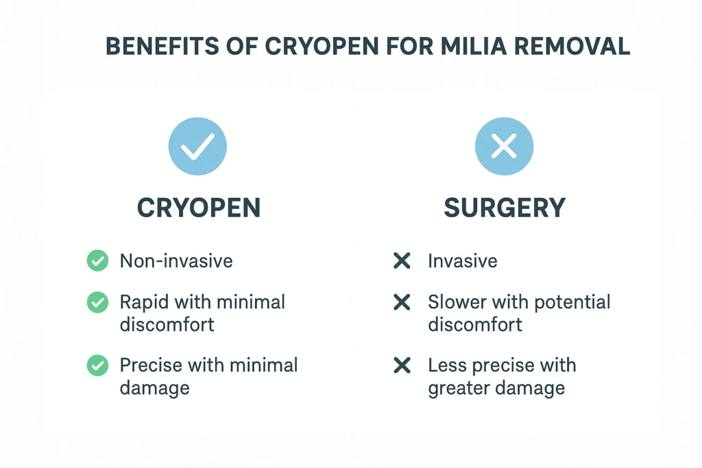 Benefits of cryopen for milia removal Worksop compared to surgical treatments.