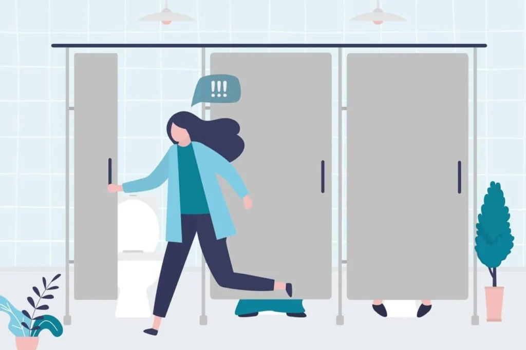 graphic of Urine incontinence Worksop woman running to the toilet.
