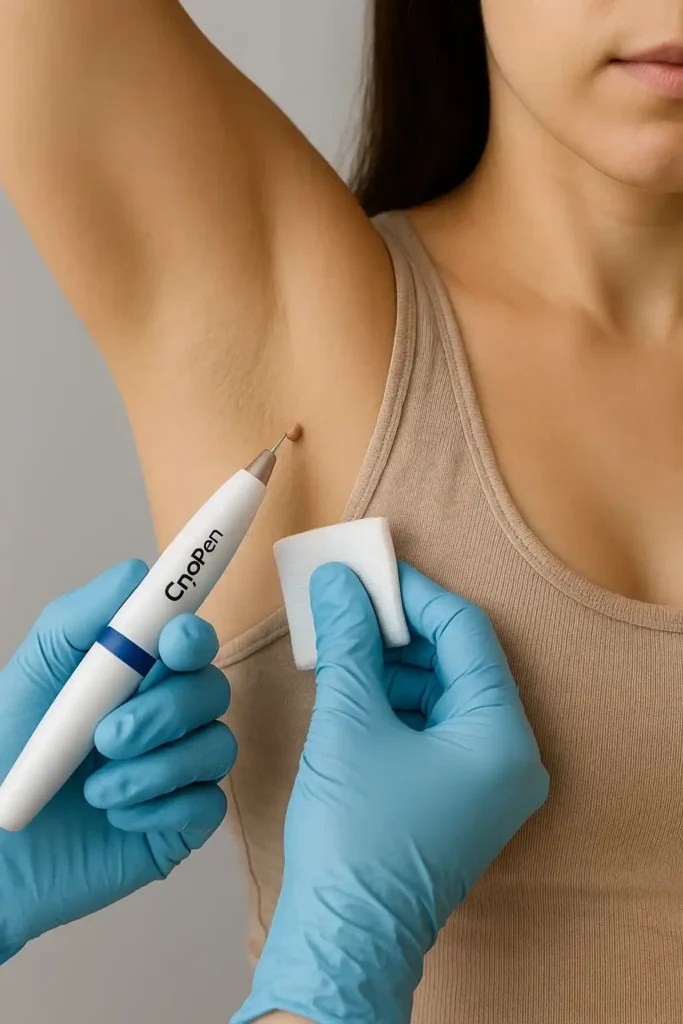 woman having cryopen to remove underarm skin tags Worksop