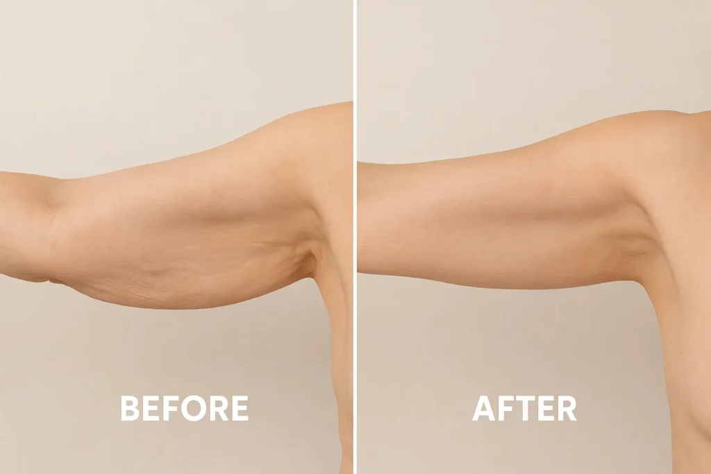 Picture of LA LIPO Worksop before and after results of skin tightening treatment on the upper arms.