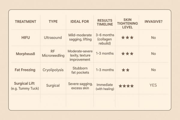 Table showing the comparisons of Skin tightening Worksop treatment options.